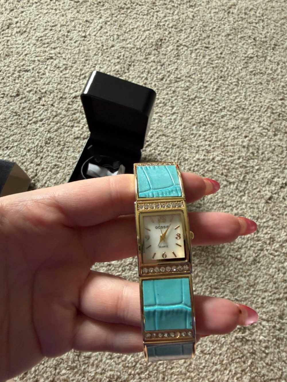 💙 Gossip Watches Turquoise Leather Rhinestone Cuff Watch Y2K